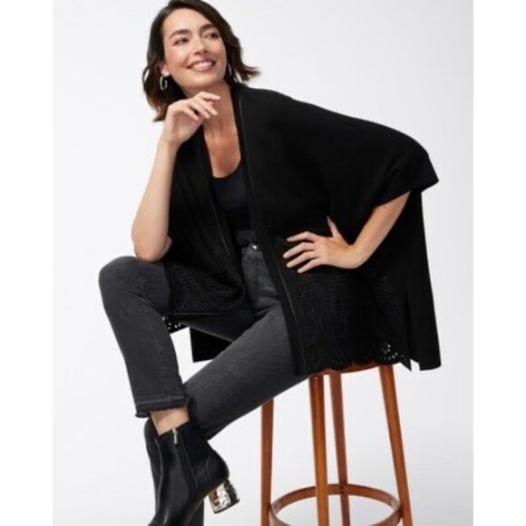 Chicos Womens Embroidered Eyelet Sweater Ruana Poncho Black size Small Medium - Picture 2 of 15